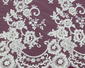 Tela de encaje color marfil claro cortada a medida, encaje francés, encaje nupcial Alençon, encaje para bodas, encaje para ligas, encaje de perlas, encaje con lentejuelas y cuentas KSBY61856CB