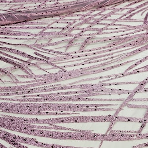 Tessuto di pizzo ricamato viola, rete di tulle viola chiaro con ricami e pietre preziose incollate, venduto tagliato su misura, LUX9141
