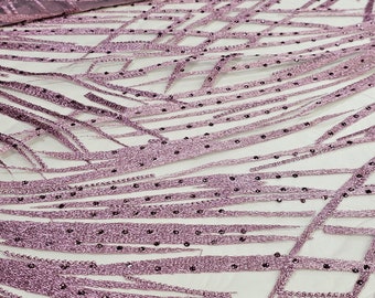 Tissu en dentelle à broder violet, filet de tulle violet clair avec broderie et pierres précieuses collées, vendu par mètre, LUX9141