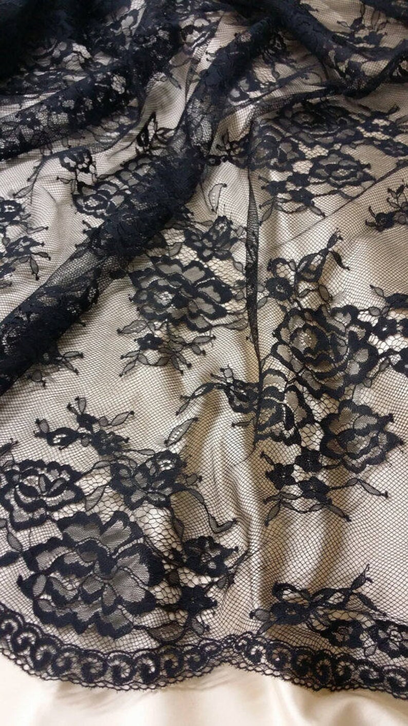 SALE Black Lace fabric French Chantilly Lace Bridal lace Wedding Lace Evening dress lace Scalloped Floral lace Lingerie Lace yard L11219