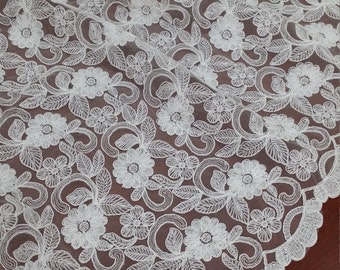 Ivory lace fabric, Embroidered lace, French Lace, Wedding Lace, Bridal lace, White Lace, Veil lace, Lingerie Lace, Alencon Lace EVS017B