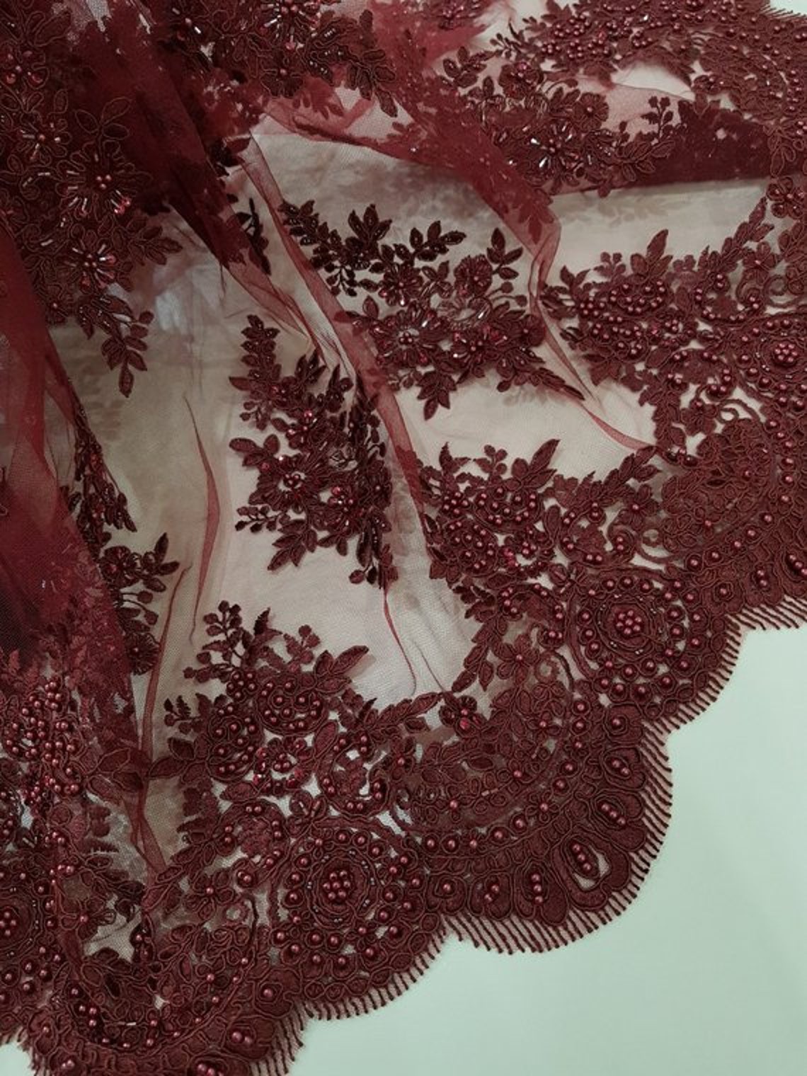 Beaded burgundy lace fabric Sequin lace French lace | Etsy