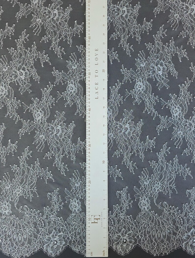 Off white lace fabric, French Chantilly bridal lace cloth, white wedding veil lace material, Scalloped eyelash lace, sold by the yard WD6002 image 9