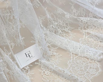 White lace fabric French Lace, Chantilly Lace, Bridal lace, Wedding Lace White Lace Veil lace Scalloped Floral lace Lingerie Lace WLK3004