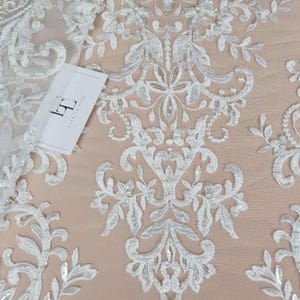 Tecido de renda de casamento em marfim com miçangas da Lace To Love, renda de noiva bordada, EVS186SB