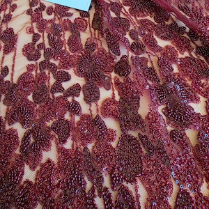 Tecido de renda vermelho vinho, tecido de renda francesa bordô com miçangas, renda bordada para casamento, vendido por metro, WD6026
