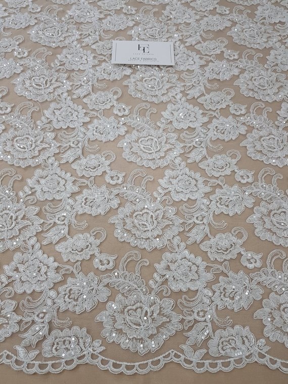 Snow white lace fabric, pure white pearl lace, optical white bridal lace, beaded lace, wedding lace, embroidered French Lace, KSBY61197CB