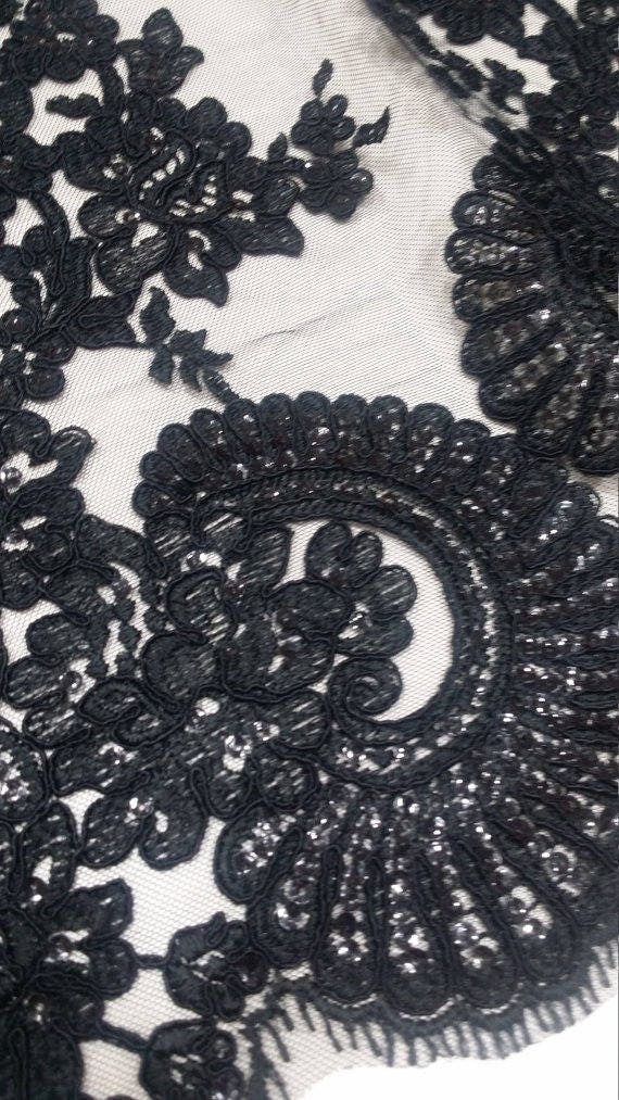 Black Lace Fabric With Sequins French Lace Alencon Lace - Etsy