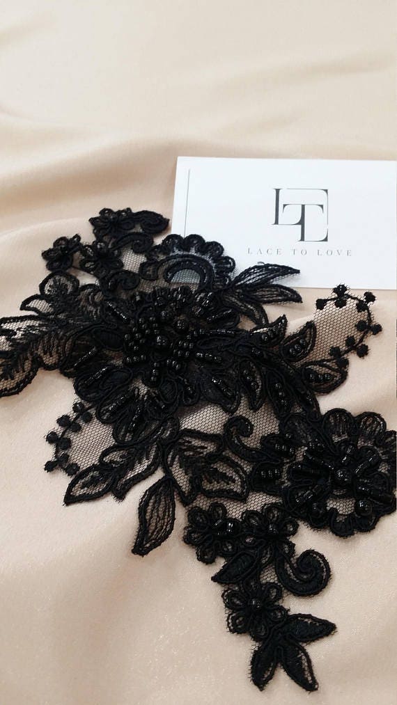 Black Lace Applique Beaded Lace Applique French Chantilly | Etsy