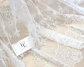 Off white lace fabric French Lace, Chantilly Lace, Bridal lace, Wedding Lace White Lace Veil lace Scalloped Floral lace Lingerie Lace LK3004