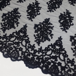 Zwarte geborduurde kantstof op maat gesneden, kantstof France Alencon, kantmateriaal bruidshuwelijk, kantjurk, kantlingerie KSBY61575C_2
