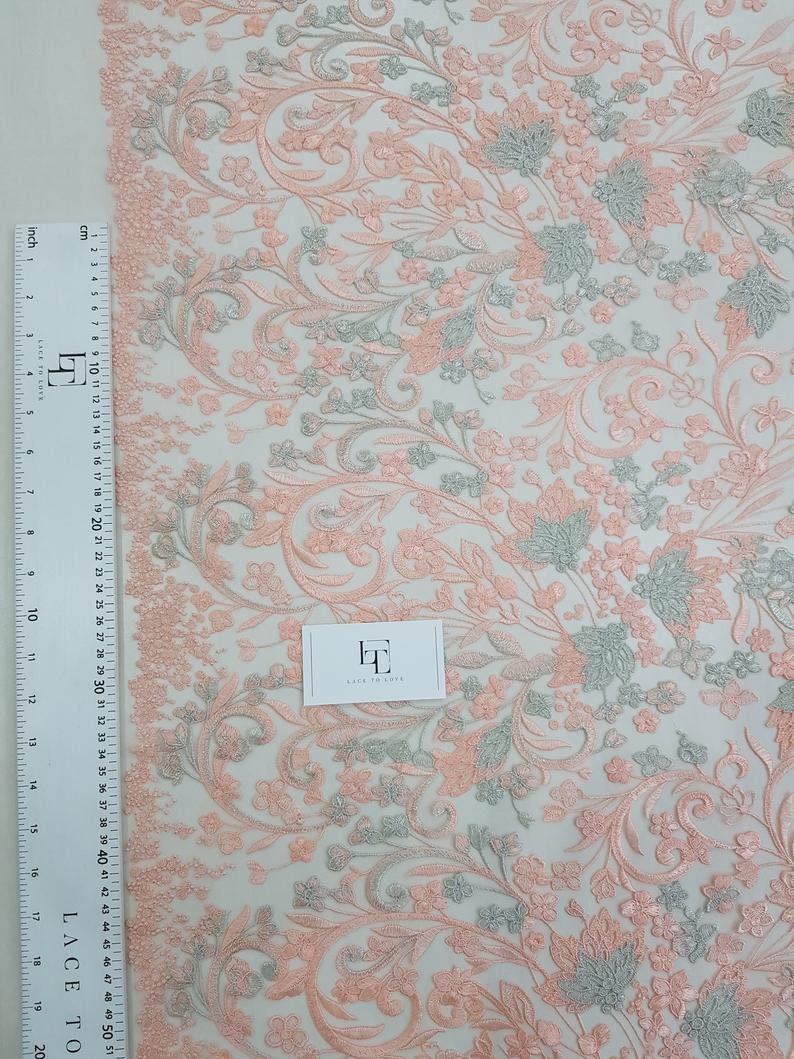Embroidered lace French Lace Wedding Lace Bridal lace White Lace Veil lace Lingerie Lace Alencon Lace NK75003 Salmon pink lace fabric
