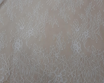 SALE Ivory lace fabric, French Chantilly lace, Bridal lace, Delightful Wedding, White lace Veil lace Scalloped Eyelash lace Lingerie WD6002