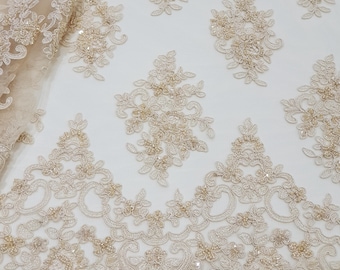 Beige beads lace fabric by the yard, skin color embroidered wedding veil lace cloth, bridal dress lace material, EVS174CB