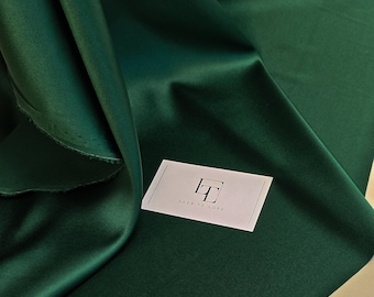 Natural green stretch silk satin fabric by the yard. Pure elastic dark green silk satin material. Deep forest green real stretch silk SK1015