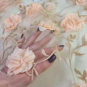 3d flowers lace fabric, ivory illusion tulle with pink 3D flower embroidery lace fabric, handmade lace fabric HF9006