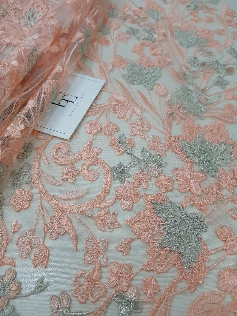 Embroidered lace French Lace Wedding Lace Bridal lace White Lace Veil lace Lingerie Lace Alencon Lace NK75003 Salmon pink lace fabric