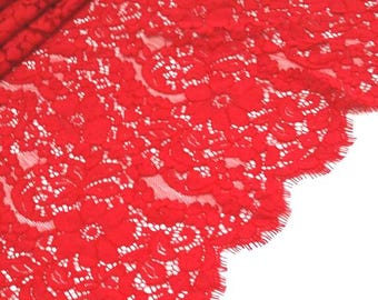 Tissu en dentelle chantilly rouge avec cils festonnés, vendu au mètre, KDA1007