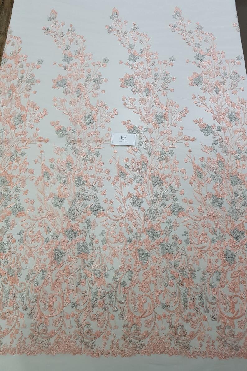 Embroidered lace French Lace Wedding Lace Bridal lace White Lace Veil lace Lingerie Lace Alencon Lace NK75003 Salmon pink lace fabric