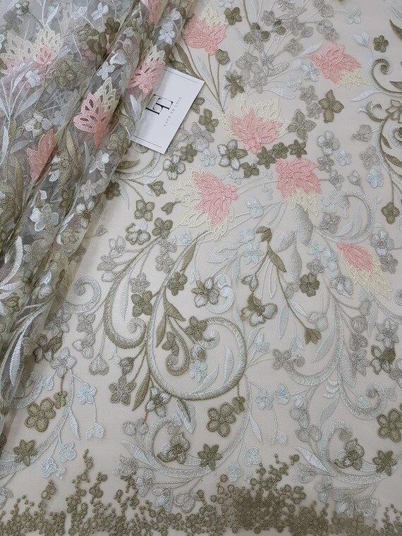 Embroidered lace French Lace Wedding Lace Bridal lace White Lace Veil lace Lingerie Lace Alencon Lace NK75003 Salmon pink lace fabric