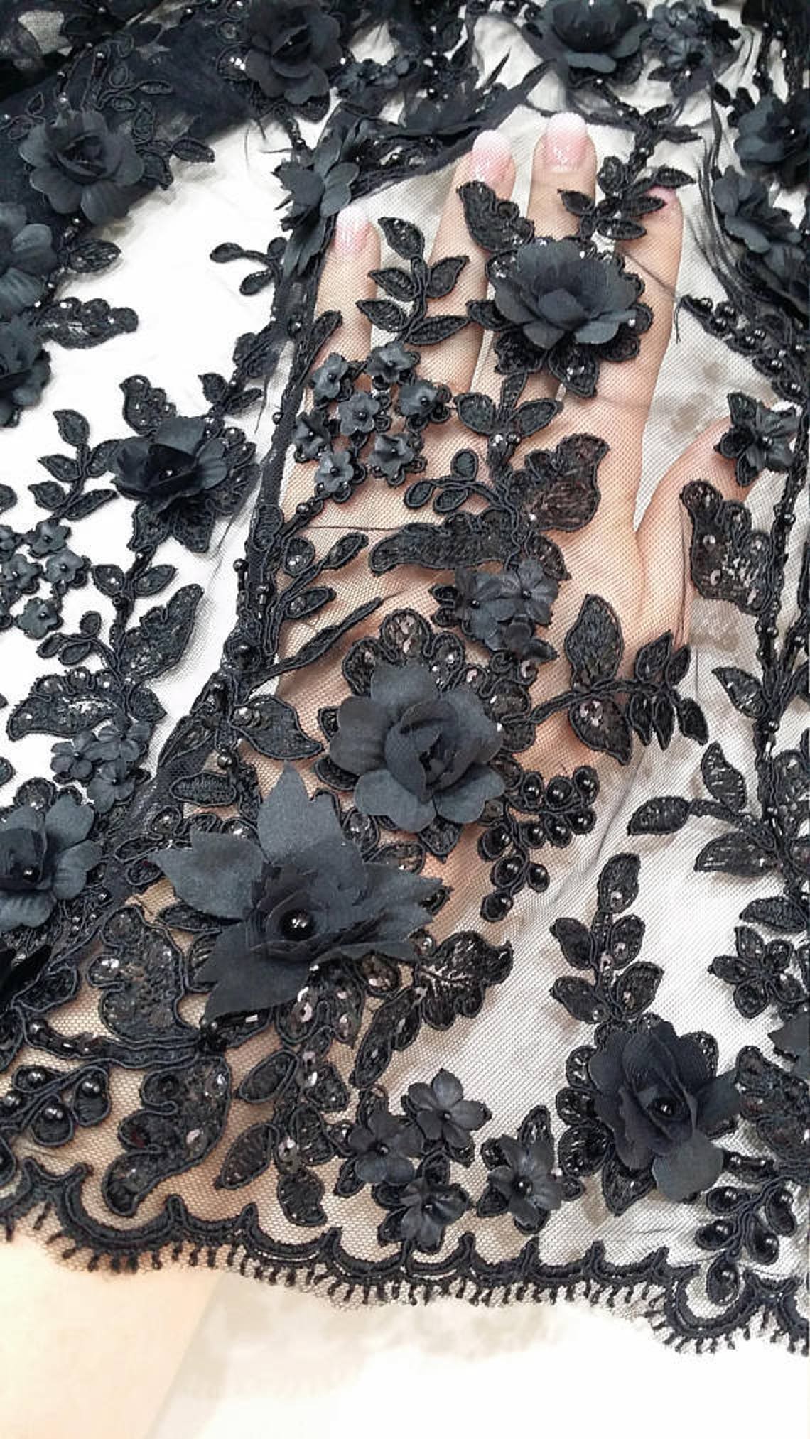 Black lace fabric 3D lace beaded Lace French lace Bridal | Etsy