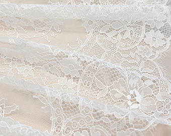 Off white lace fabric French Lace, Chantilly Lace, Bridal lace, Wedding Lace White Lace Veil lace Scalloped Floral lace Lingerie Lace LK3004