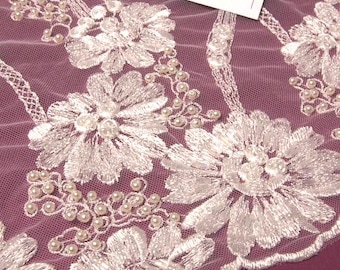 Beaded light ivory lace fabric, Sequin lace, French lace, Alencon lace, Bridal lace, Wedding lace White lace Embroidered Floral lace EVS077B
