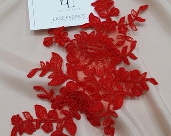Red lace applique, French Chantilly lace applique, 3D bridal lace applique, M0056