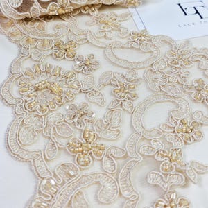 Rifinitura in pizzo ricamato con perline beige, pizzo di perle, pizzo da sposa, pizzo da sposa, EEV2148