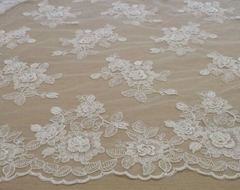 Tissu dentelle ivoire par mètre, dentelle française, dentelle de mariage brodée, dentelle de mariée, dentelle blanche, dentelle de voile, dentelle de lingerie KSBY81415C