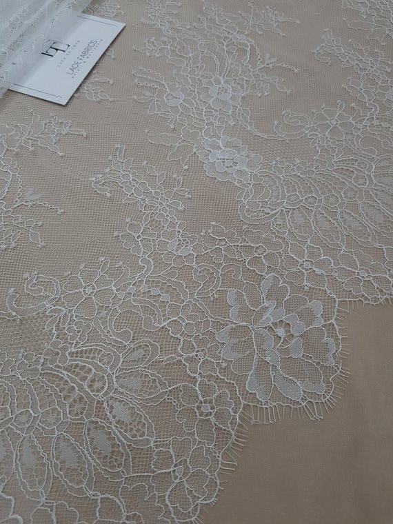 Off white lace fabric, French Chantilly bridal lace cloth, white wedding veil lace material, Scalloped eyelash lace, sold by the yard WD6002