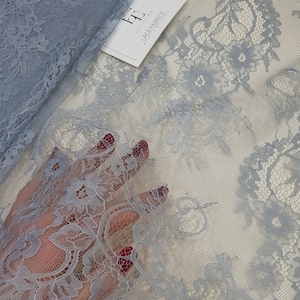 Tela de encaje azul grisáceo, tela de encaje Chantilly francés, material de encaje para novias, encaje para vestidos de noche, encaje para lencería, corte a medida, JK10098