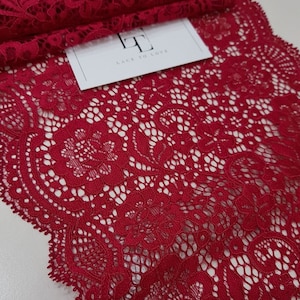Acabamento em renda elástica vermelha framboesa, renda elástica vermelha, renda alencon, renda liga, renda para vestido de noite, renda para lingerie por metro, LL1901