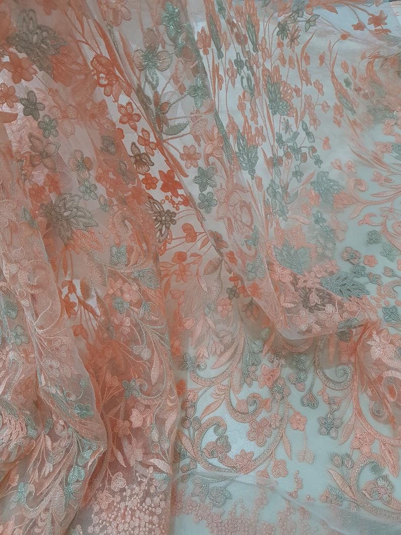 Embroidered lace French Lace Wedding Lace Bridal lace White Lace Veil lace Lingerie Lace Alencon Lace NK75003 Salmon pink lace fabric