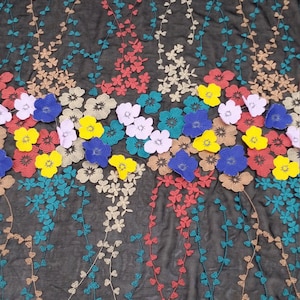 Tessuto a fiori 3D, tessuto nero con fiori multicolori, pizzo ricamato francese da sposa pizzo da sposa abito da sera pizzo lingerie pizzo N20211