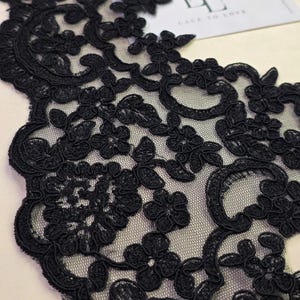 Bordo in pizzo nero, ricami in pizzo spagnolo Alençon, pizzo per abiti da sposa, pizzo per giarrettiera, pizzo per lingerie, venduto tagliato su misura, EEV2097