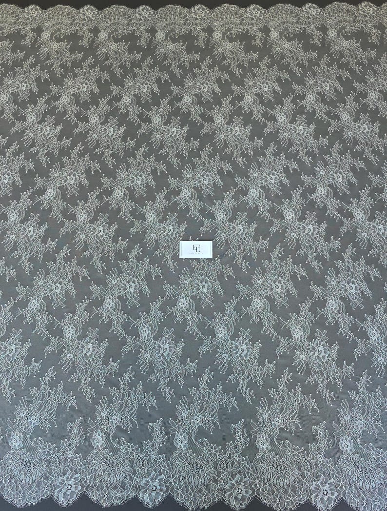 Off white lace fabric, French Chantilly bridal lace cloth, white wedding veil lace material, Scalloped eyelash lace, sold by the yard WD6002 image 8