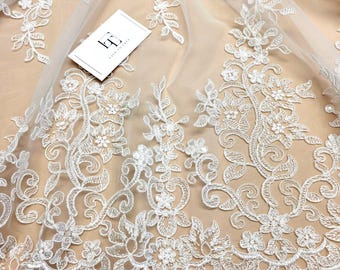 Ivory lace fabric by the yard French Lace Embroidered lace Wedding Lace Bridal lace White Lace Veil lace Lingerie Lace Alencon Lace EVS020B