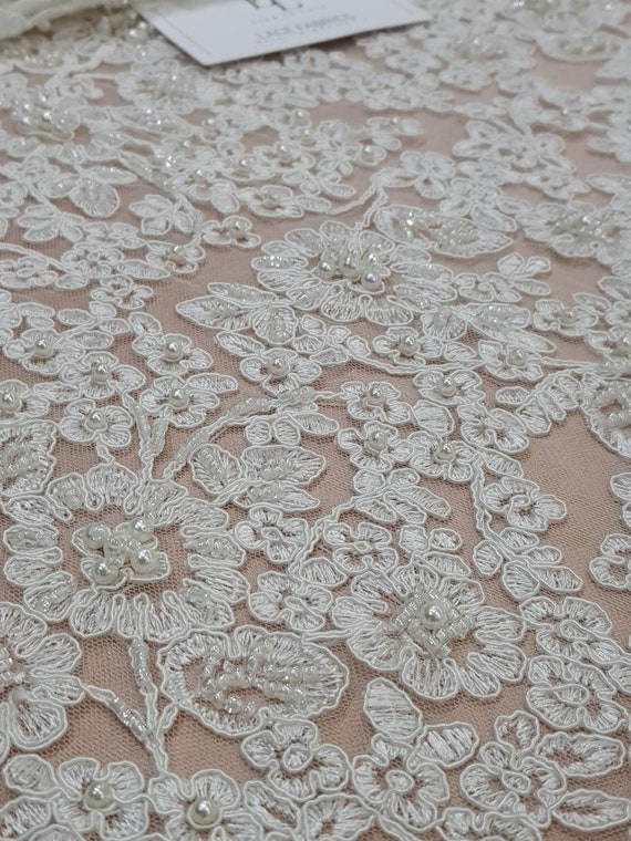 White Beaded Wedding Lace Fabric by the Yard EVS171CB | Etsy