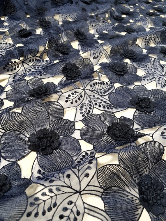Navy blue 3D lace fabric by the yard, embroidered 3D French lace fabric, blue bridal 3D lace for wedding dress, N20236