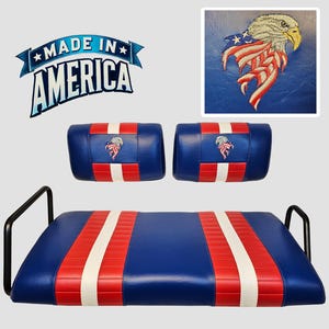 Red, White and Blue Replacement Golf Cart Seat Cover Set With Embroidered Eagle Head (Select Model Cart)
