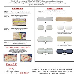 May include: A guide for measuring rear facing car seats. The guide includes diagrams and instructions for measuring the seat portion and backrest portion. The guide also includes an example of how to measure a seat and backrest.