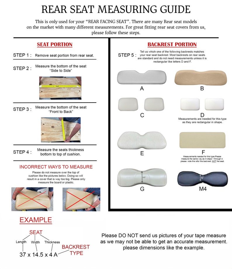 May include: A guide for measuring rear facing car seats. The guide includes diagrams and instructions for measuring the seat portion and backrest portion. The guide also includes an example of how to measure a seat and backrest.