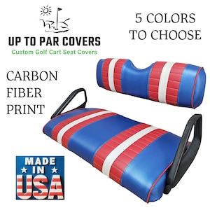 EZGO, Club Car, Yamaha, ICON, STAR Replacement Golf Cart Seat Cover Set in Carbon Fiber Print  "Staple" On  (4 Stripe)
