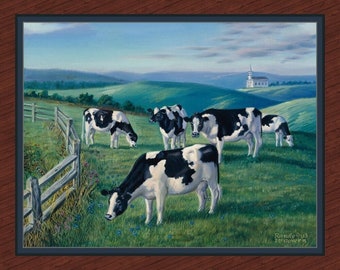Cow Farm Fabric Quilt Panel: Grazing Scene, 100% Cotton (36" x 45")