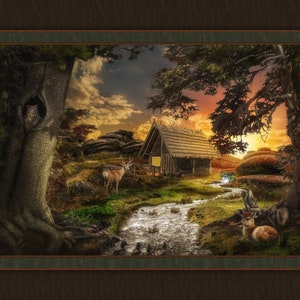 Peaceful Cabin Fabric Quilt Panel: Lake Landscape (36&quot; x 45&quot;)