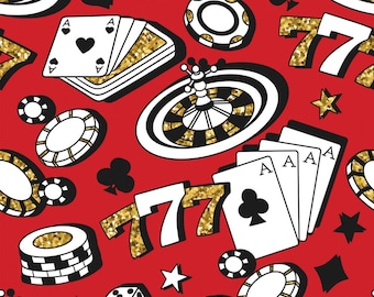 Gambling Cards Dice Poker Chips VEGAS 100% Cotton Fabric
