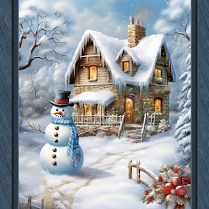 SNOWMAN COTTAGE 36&quot; x 45&quot; Fabric Quilt Panel, Christmas, Holiday, Snow