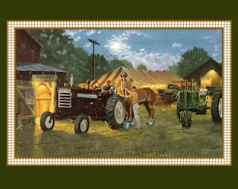 Panel de tela para edredón con estampado vintage de caballos y tractores - 36" x 45"