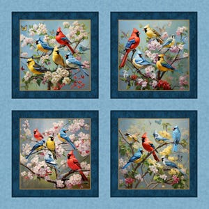 Panel de tela floral para edredón: Aves y flores de jardín - 91 x 114 cm